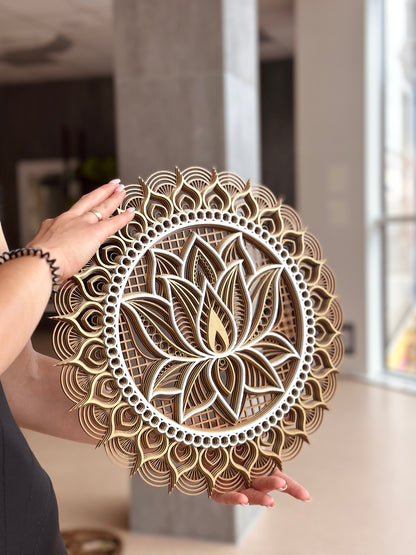 Handcrafted wooden Mandala and Lotus wall art | Boho decor | Yoga studio accent | Meditation gift | Sacred geometry art | Bedroom wall art