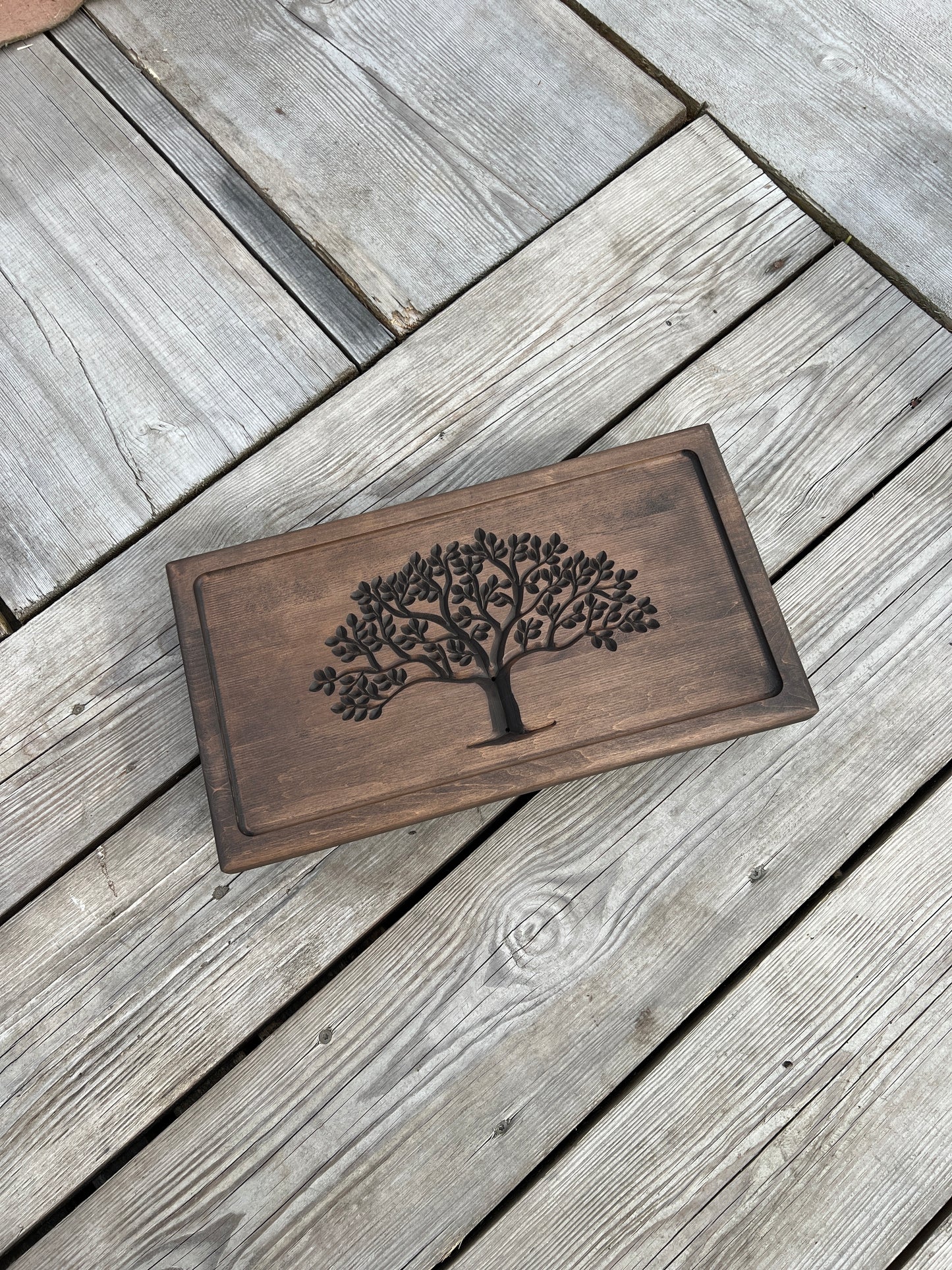 Alnus Wood Tea Ceremony Table 25×45 cm – “Tree of Life” Carving & Built-In Drain