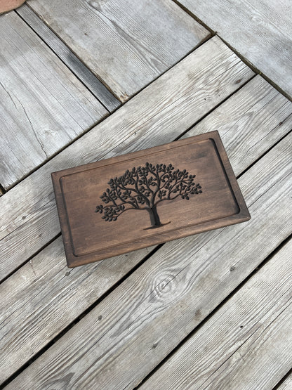 Alnus Wood Tea Ceremony Table 25×45 cm – “Tree of Life” Carving & Built-In Drain