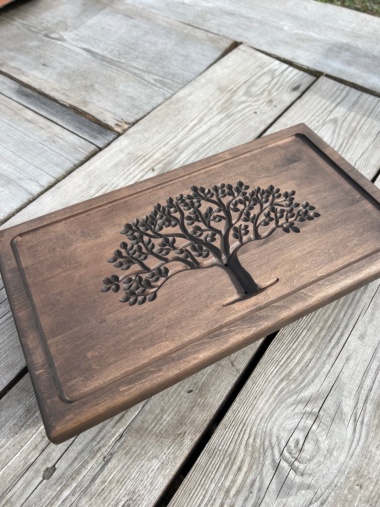Alnus Wood Tea Ceremony Table 25×45 cm – “Tree of Life” Carving & Built-In Drain