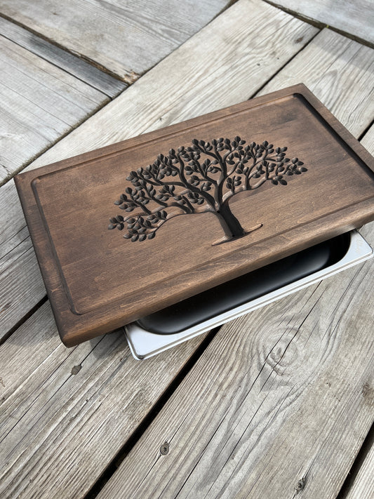 Alnus Wood Tea Ceremony Table 25×45 cm – “Tree of Life” Carving & Built-In Drain