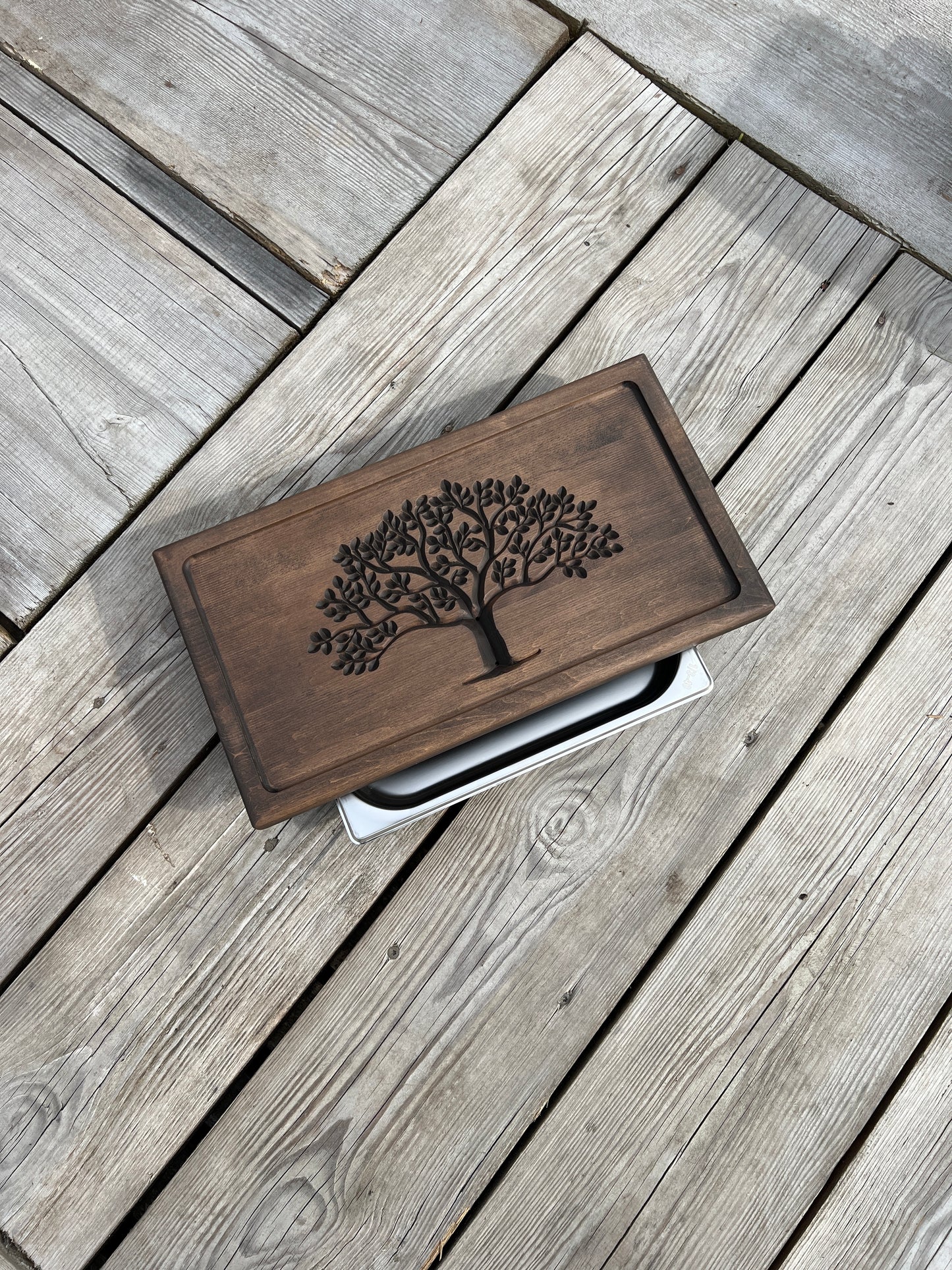 Alnus Wood Tea Ceremony Table 25×45 cm – “Tree of Life” Carving & Built-In Drain