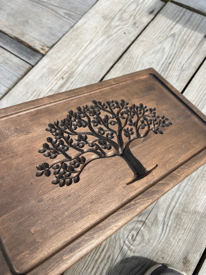 Alnus Wood Tea Ceremony Table 25×45 cm – “Tree of Life” Carving & Built-In Drain