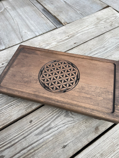 Alder Chaban Tea Table with "Flower of Life" Carving | Artisan Tea Ceremony Tray