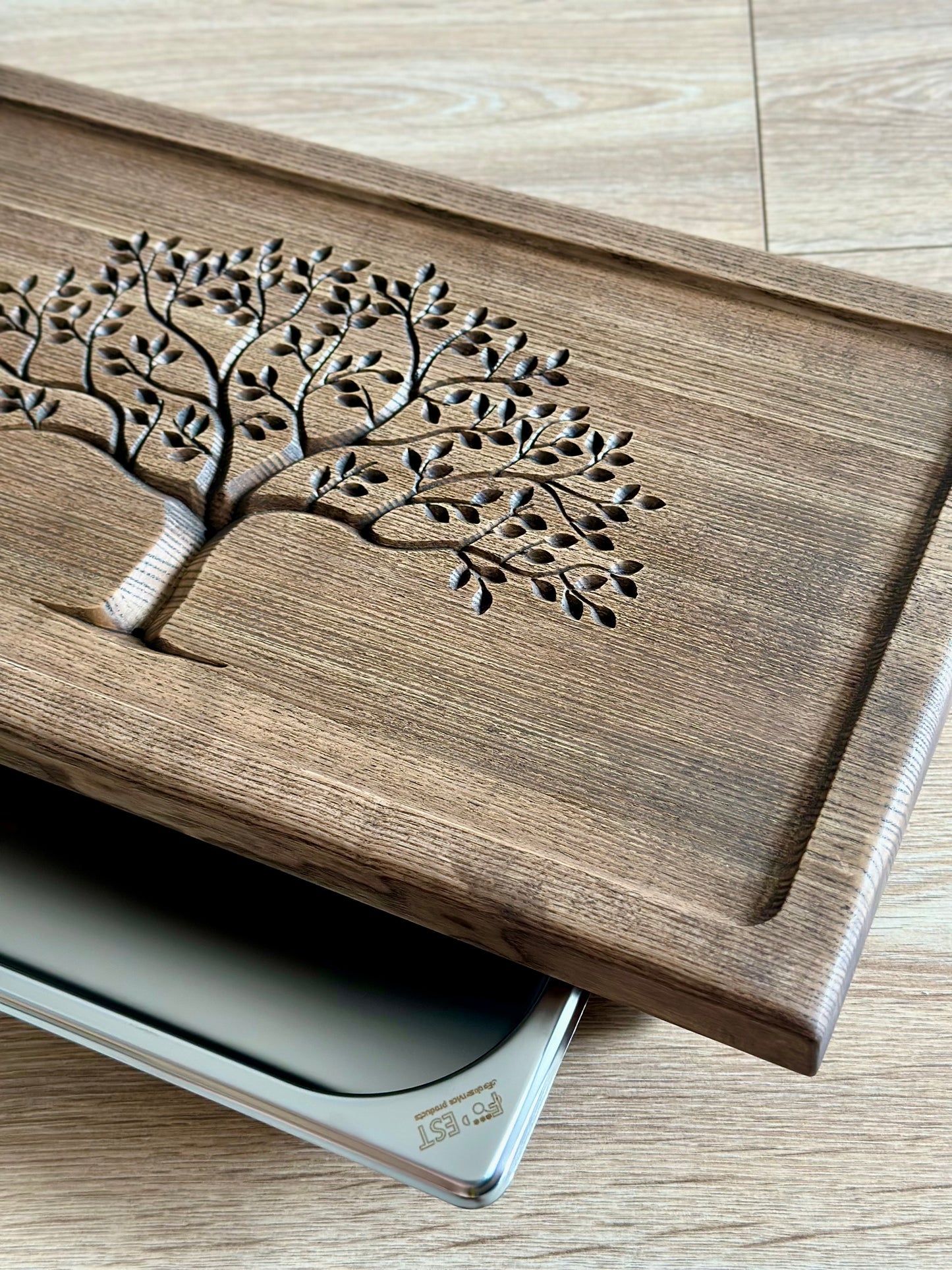 Ironwood (Ash) Tea Ceremony Table 25×45 cm – “Tree of Life” Carving & Built-In Drain