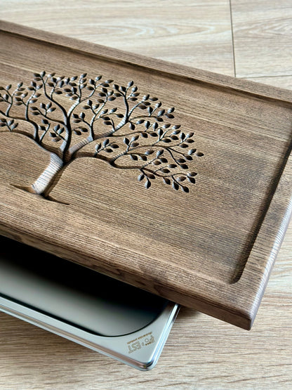 Ironwood (Ash) Tea Ceremony Table 25×45 cm – “Tree of Life” Carving & Built-In Drain