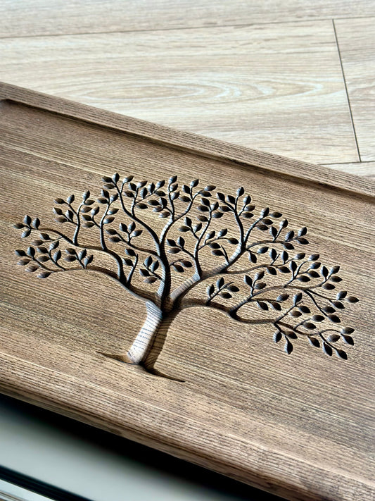 Ironwood (Ash) Tea Ceremony Table 25×45 cm – “Tree of Life” Carving & Built-In Drain