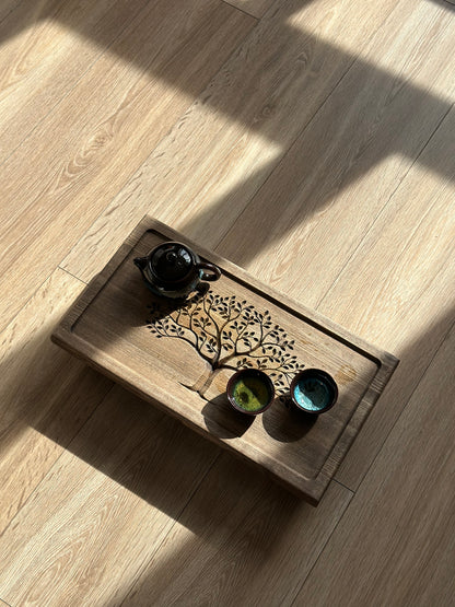 Ironwood (Ash) Tea Ceremony Table 25×45 cm – “Tree of Life” Carving & Built-In Drain