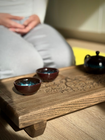 Ironwood (Ash) Tea Ceremony Table 25×45 cm – “Tree of Life” Carving & Built-In Drain