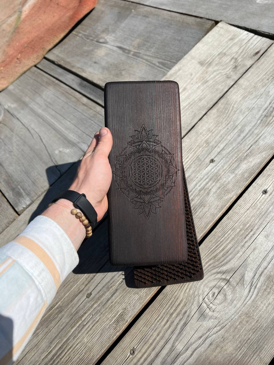 Premium Thermo Ash Sadhu Board - Flower of Life Engraving with Static Copper Nails (Beginner)