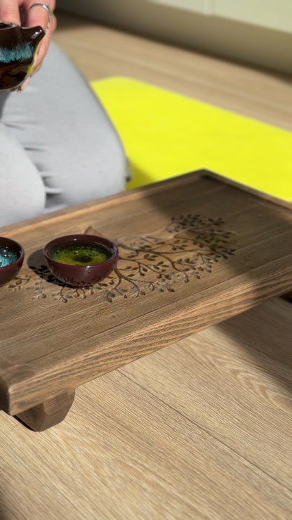 Ironwood (Ash) Tea Ceremony Table 25×45 cm – “Tree of Life” Carving & Built-In Drain