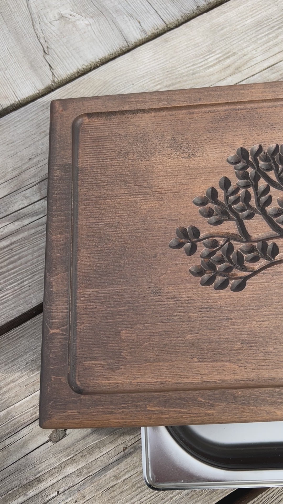 Alnus Wood Tea Ceremony Table 25×45 cm – “Tree of Life” Carving & Built-In Drain
