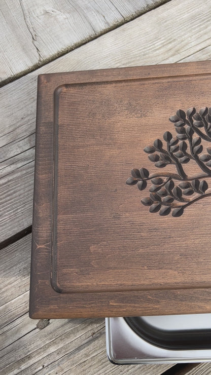 Alnus Wood Tea Ceremony Table 25×45 cm – “Tree of Life” Carving & Built-In Drain